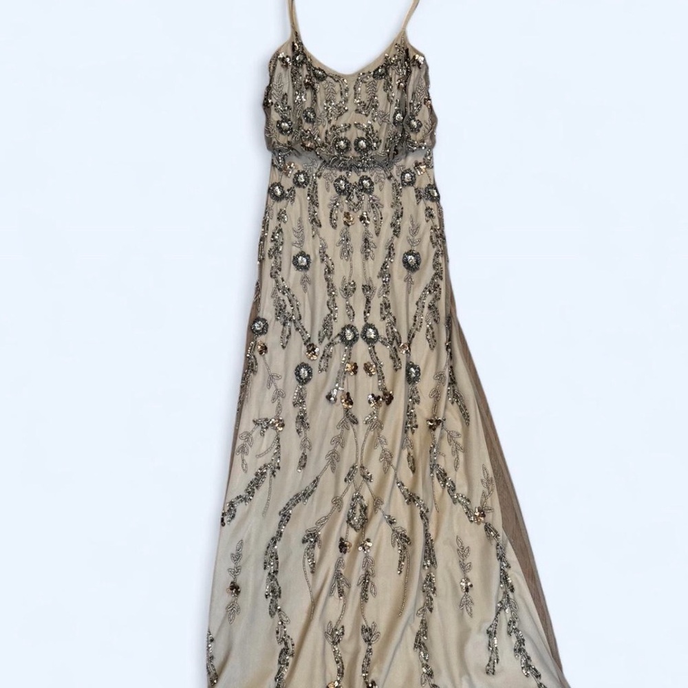 Adrianna Papell Embellished Grey Evening Dress with Beaded Details